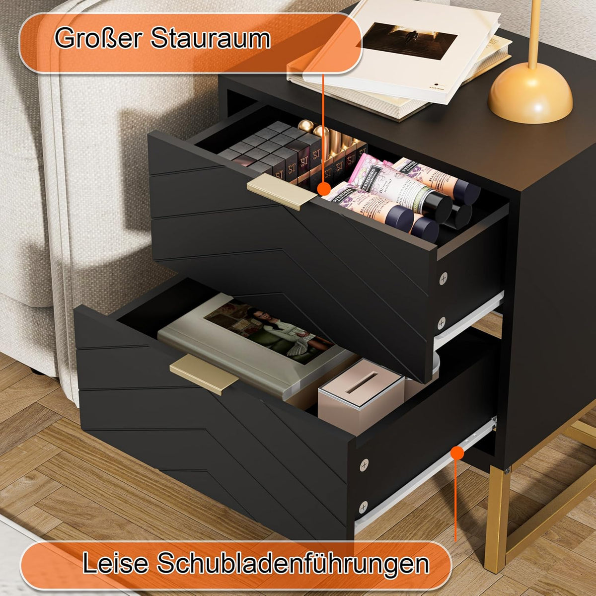 Nachtkastje – Nachtkastjes – Bijzettafel – Opbergkast – Ladekast – Set van 2 – Met 2 Lades – Hoogwaardig MDF Met Metalen Poten