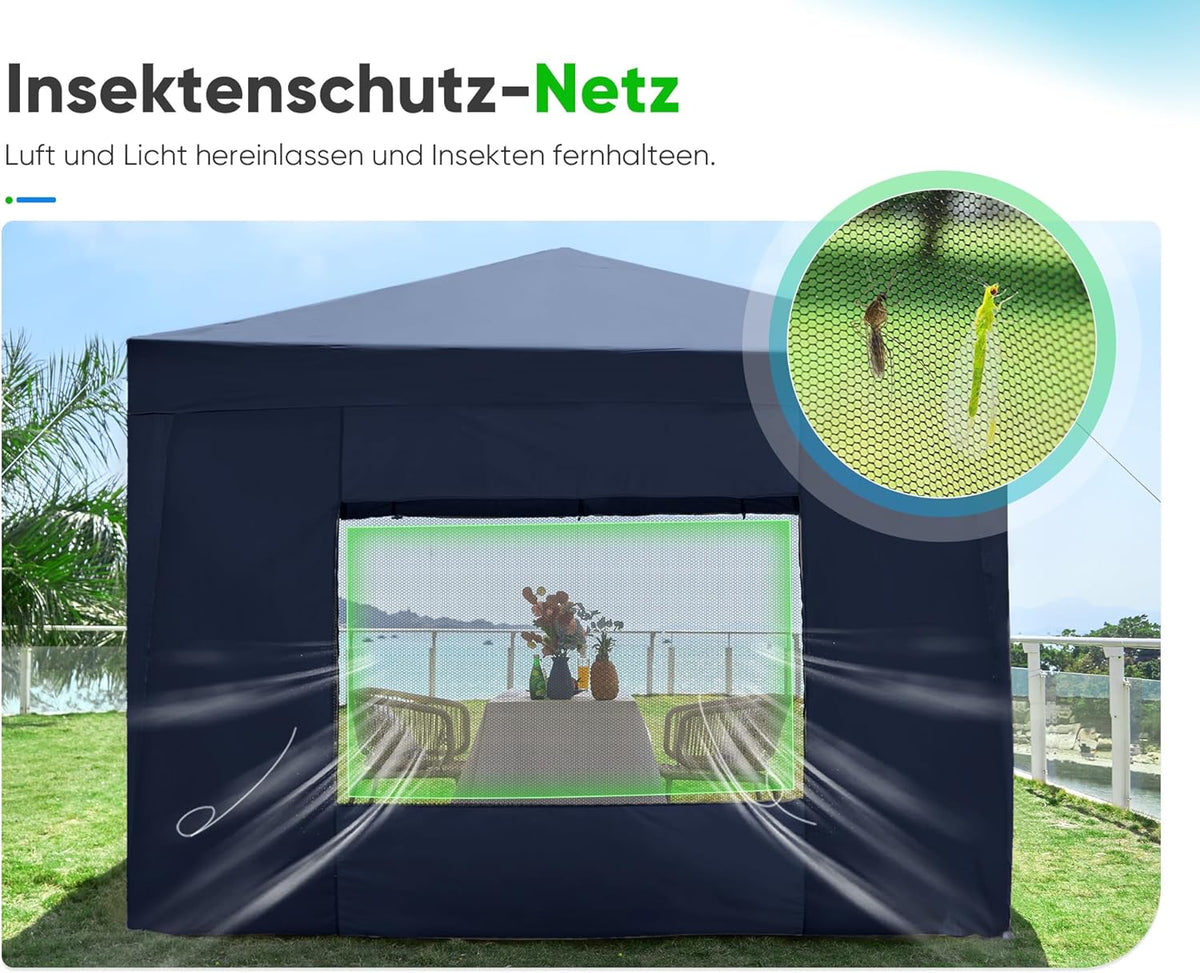 Quictent Paviljoen, 3 x 3 cm, met 4 zijpanelen, vouwpaviljoen met ventilatie, waterdicht, stabiel, winterbestendig, pop-up tuinpaviljoen met 4 zandzakken en roltas, blauw