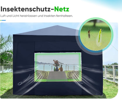 Quictent Paviljoen, 3 x 3 cm, met 4 zijpanelen, vouwpaviljoen met ventilatie, waterdicht, stabiel, winterbestendig, pop-up tuinpaviljoen met 4 zandzakken en roltas, blauw