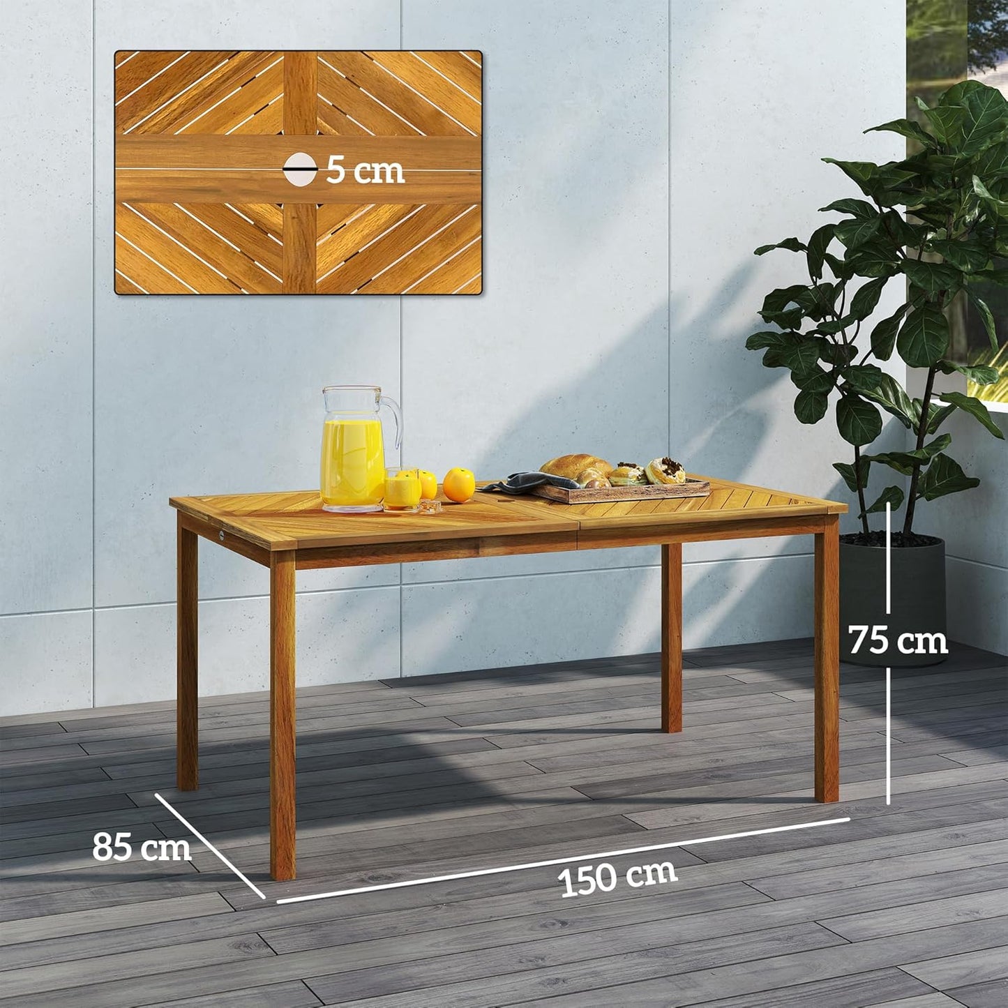 Outsunny Gartentisch klappbar 150x85cm, Wetterfest Balkontisch aus Holz, 6 Persons Klapptisch mit Schirmloch, Lamellendesign Esstisch Outdoor, Beistelltischisch, Terrassentisch für Garten Balcony Teak - QUORE