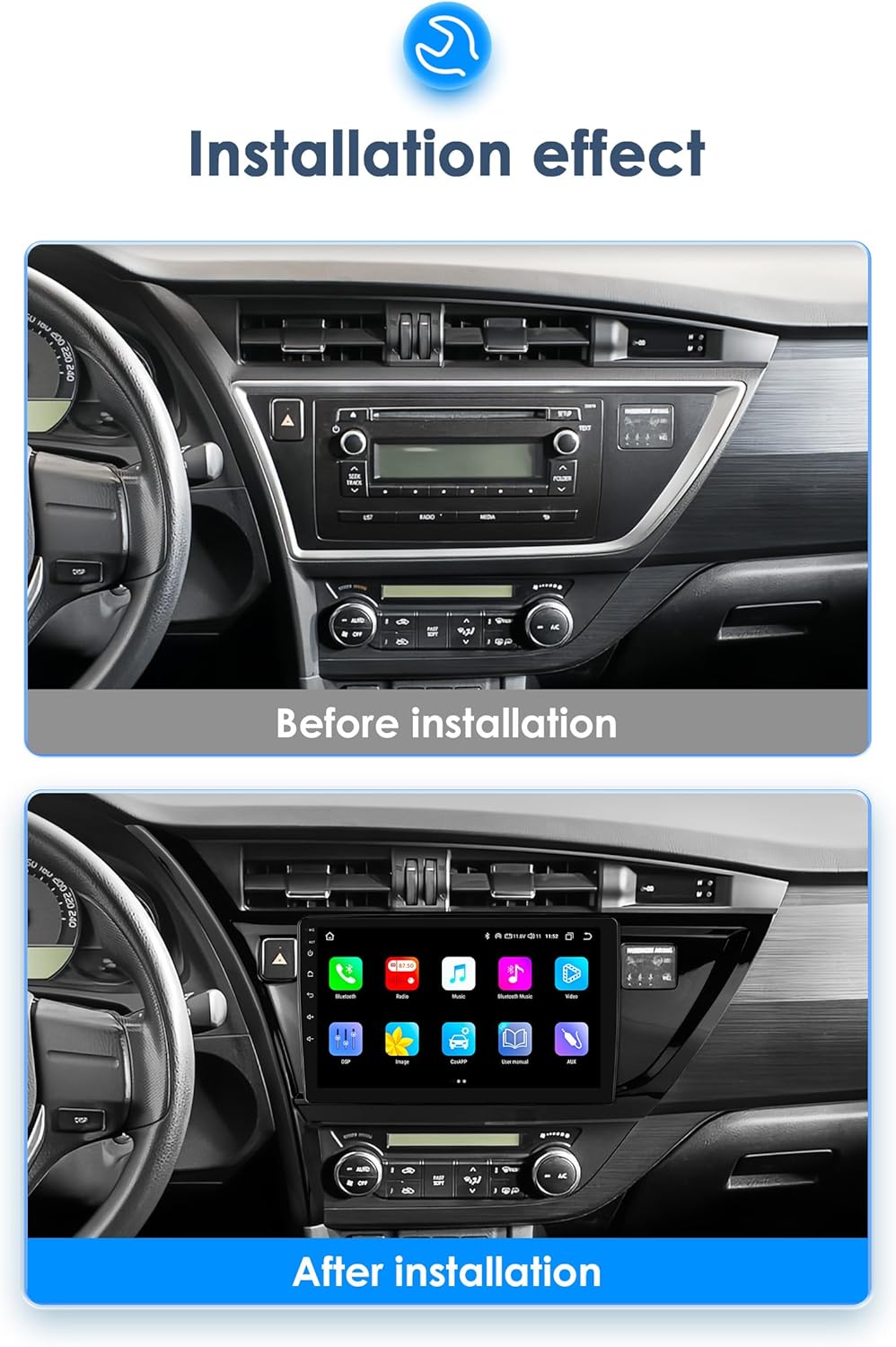 Android 14 autoradio 10,1 inch touchscreen 8-core 4 GB + 64 GB voor Toyota Corolla Auris 2013 2014 2015 2016 Linksverkeer WiFi Wireless Android Auto & Wireless Carplay Bluetooth WiFi 4G GPS RDS AM/FM