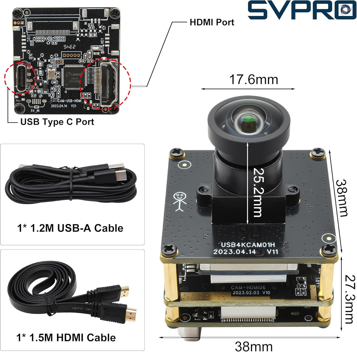 Svpro 4K Camera Module HDMI USB Dual Output voor Computer/Monitor/Projector/TV, Groothoek USB Camera Vervormingsvrije Streaming Webcam H.265 H.264 USB Beveiligingscamera