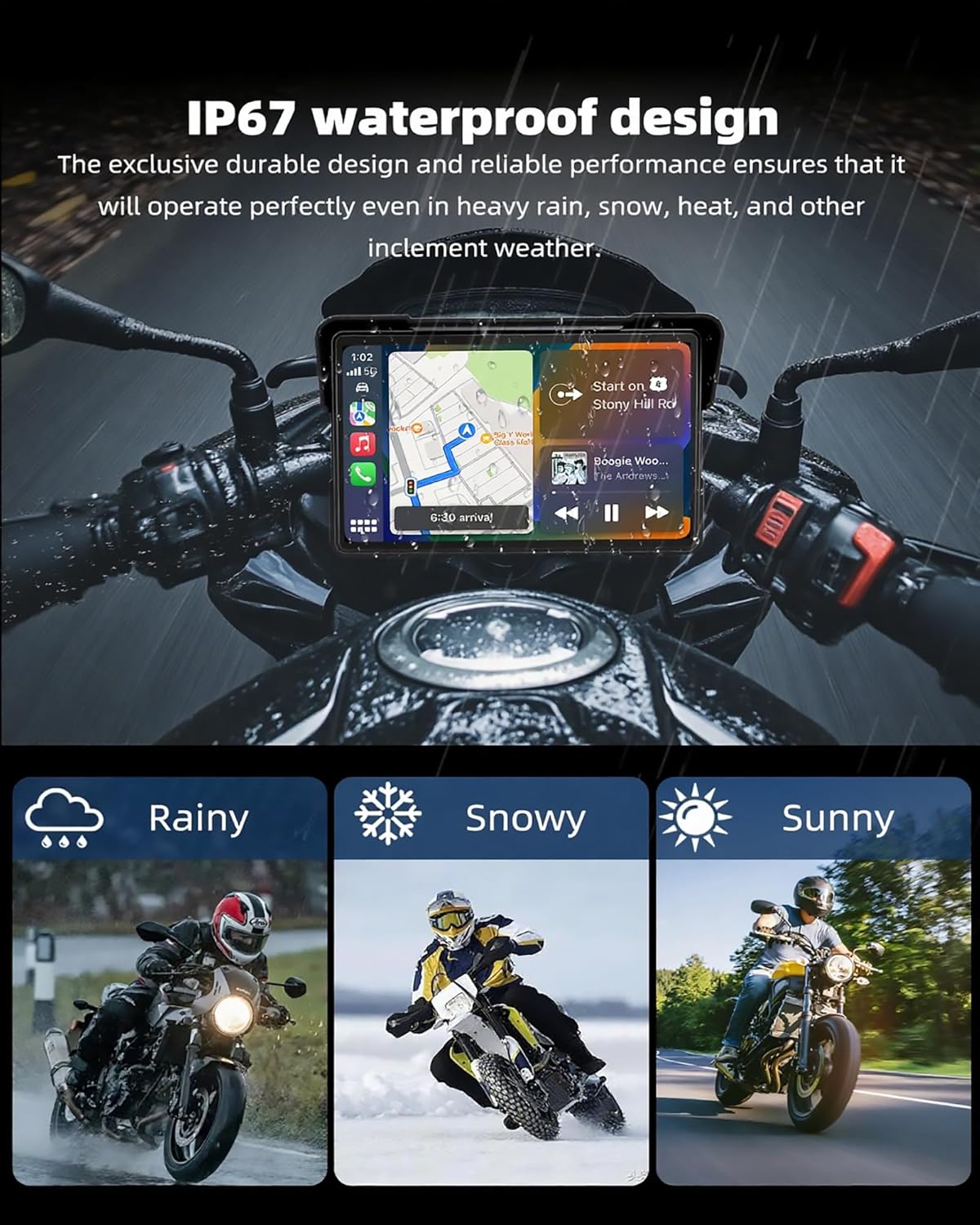 Jansite Carplay 7 inch (17,7 cm) Carplay, Con Supporto BMW, IPS motorfiets, display, navigatieapparaat voor motorfietsen met dubbele Bluetooth, Siri/G-oogle Assistant, IP67 waterdicht scherm