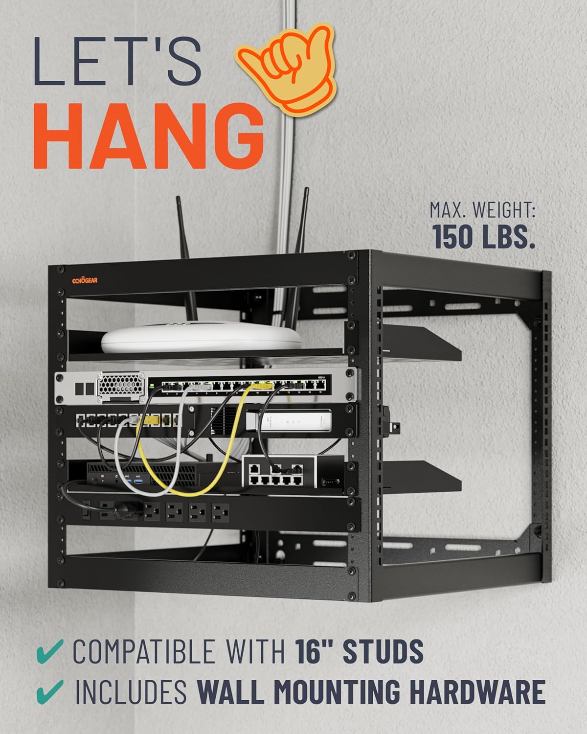 ECHOGEAR 10U Netwerkrek - Wandmonteerbaar Heavy Duty 4-paalontwerp voor al uw netwerk- en AV-apparatuur - Open frame-ontwerp omvat 2 1U geventileerde planken en montagehardware