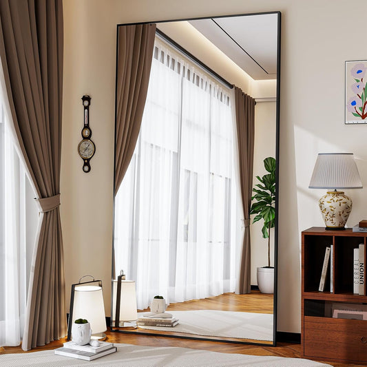 Koonmi 89 x 198 cm grote staande spiegel, robuuste full-body spiegel met minimalistisch smal aluminium frame, moderne grote wandspiegel, staand of hangend voor woonkamer en slaapkamer, zwart