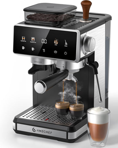 AMZCHEF Zeefdragermachine met maalwerk, 20 bar, espressomachine voor thuis met melkopschuimer, 3 temperatuurniveaus, 20 maalgraden, koud en warm brouwen, touchscreen-display