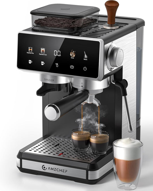 AMZCHEF Zeefdragermachine met maalwerk, 20 bar, espressomachine voor thuis met melkopschuimer, 3 temperatuurniveaus, 20 maalgraden, koud en warm brouwen, touchscreen-display