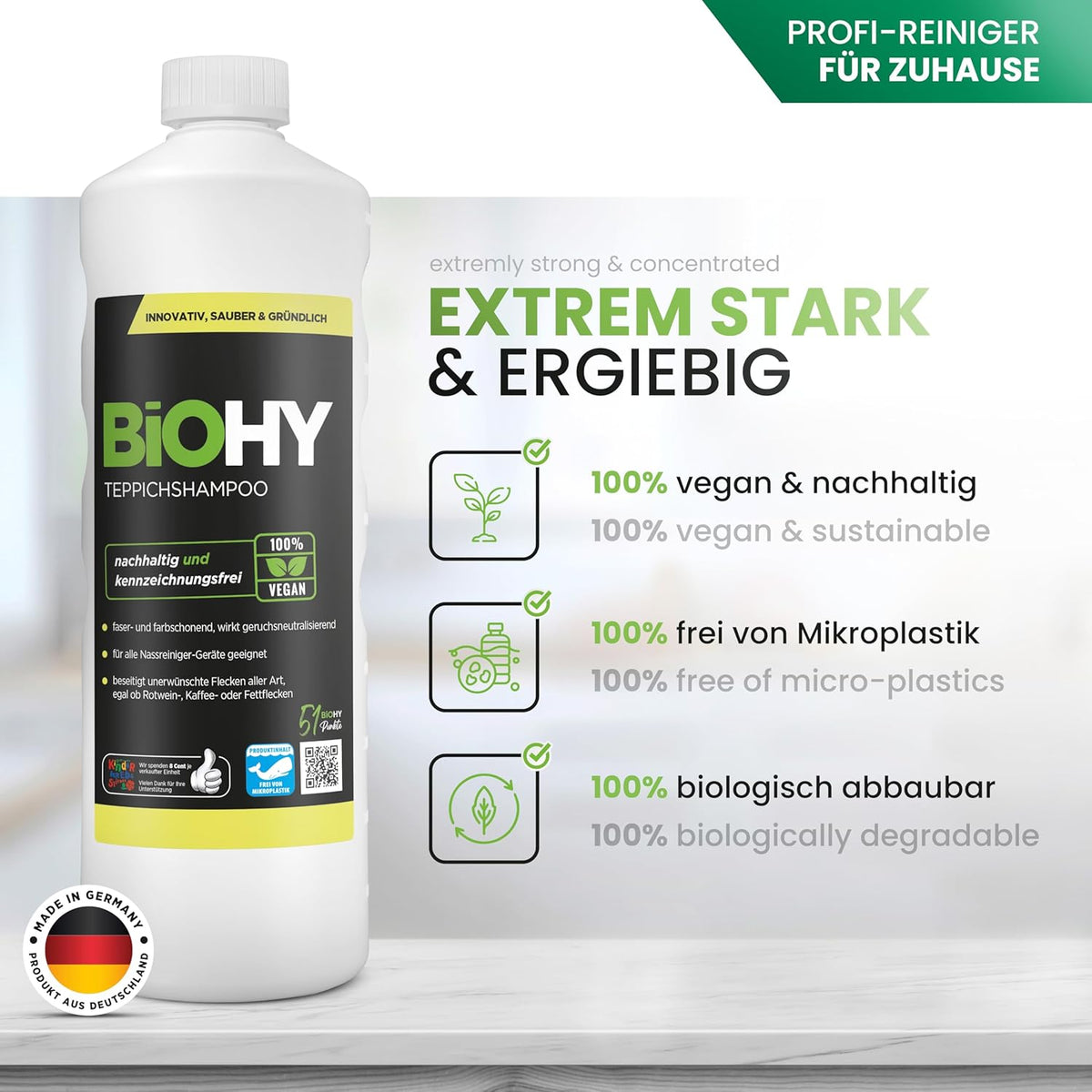 BiOHY Tapijt schoonmaker (10 Liter Busje) | Tapijtreiniger concentraat | ideaal voor het verwijderen van hardnekkige vlekken | goed verdragen door dieren (Teppichshampoo)