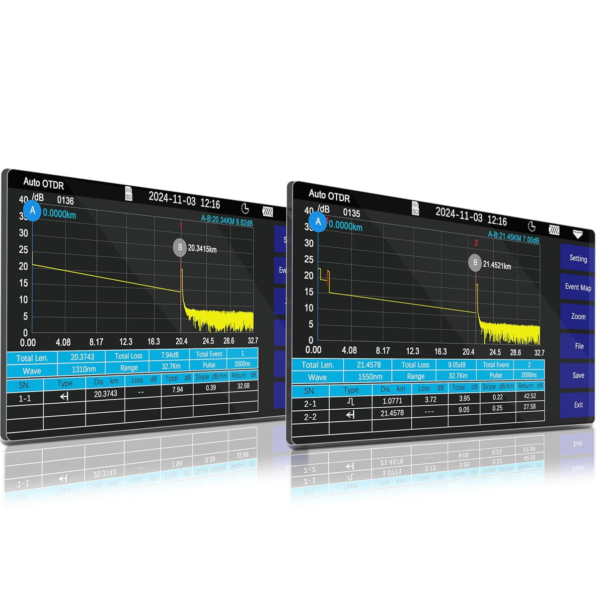 1310nm/28dB+1550nm/26dB SM Glasvezel OTDR met OPM+10G OPM+OLS+VFL+Evenementen Kaart+Optische Verliestest+Multi-vezel Testen+RJ45-test Vezeltester Compatibel met APC&UPC SC+FC+ST+LC-SS305T-2A1