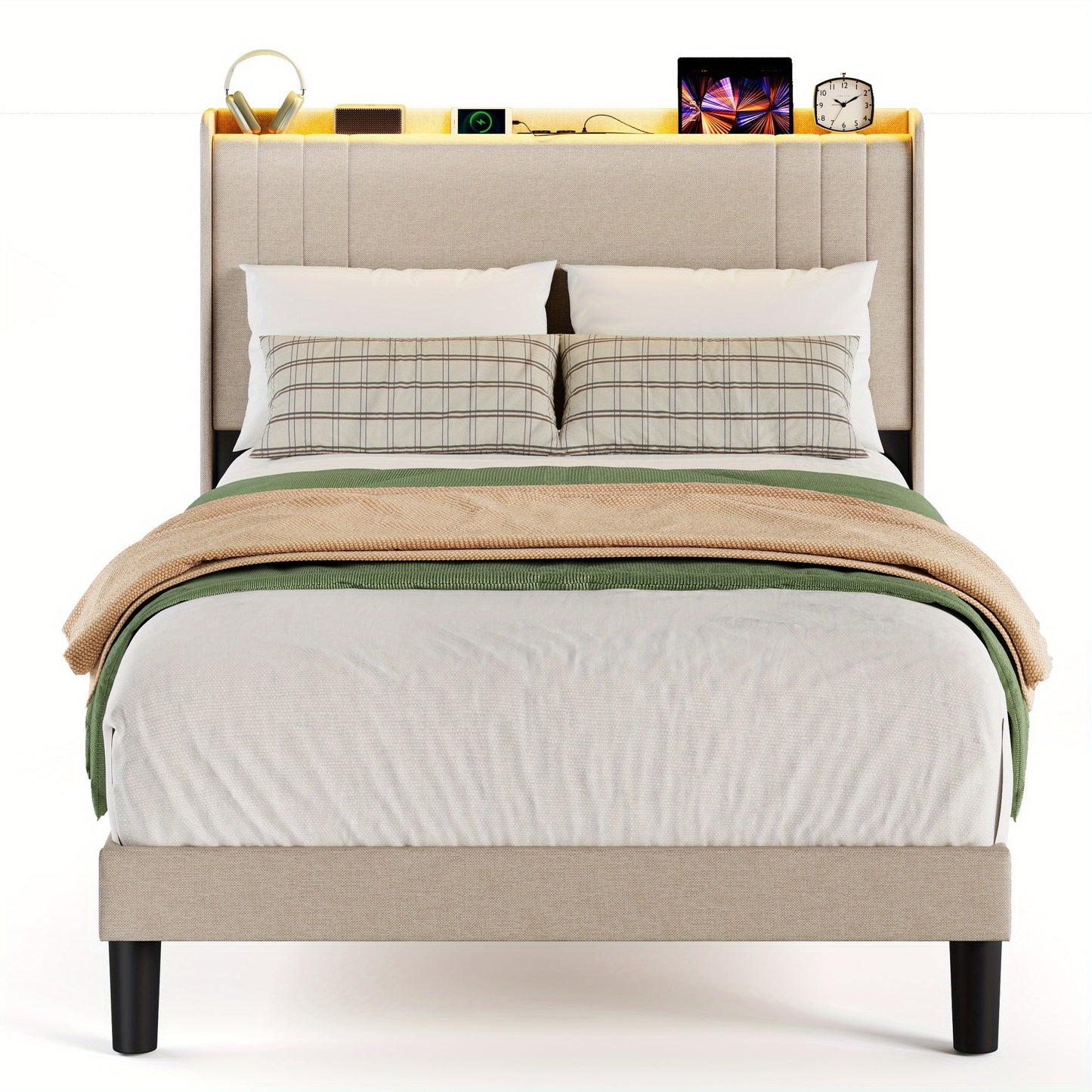 Tweepersoonsbed – Bedframe – Slaapbank – Opbergbed – Hoogslaper – 120x200 cm – Stijlvol Beige – Met Opbergruimte Hoofdbord – Stevig Hout-Metaal Frame