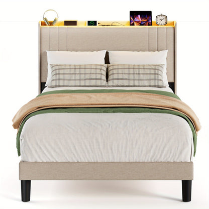 Tweepersoonsbed – Bedframe – Slaapbank – Opbergbed – Hoogslaper – 120x200 cm – Stijlvol Beige – Met Opbergruimte Hoofdbord – Stevig Hout-Metaal Frame
