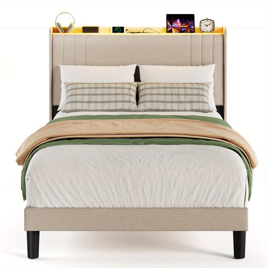 Tweepersoonsbed – Bedframe – Slaapbank – Opbergbed – Hoogslaper – 120x200 cm – Stijlvol Beige – Met Opbergruimte Hoofdbord – Stevig Hout-Metaal Frame