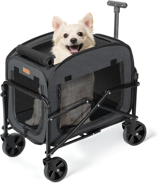 Hondentransporter met wielen, grote hondenwagen voor honden en katten, 18 kg, rollende huisdierkoets met grote wielen voor alle terreinen, zwart