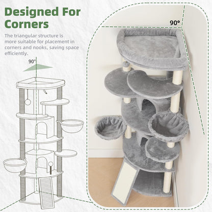 Corner Cat Tree for Indoor Cats, Cat Tower with All Sisal Scratching Posts, Multi-level Cat Condo wth 2 Large Cat Caves, Big Top Perch, 2 Hanging Baskets, Sisal Ramp, Light Gray GCT035W