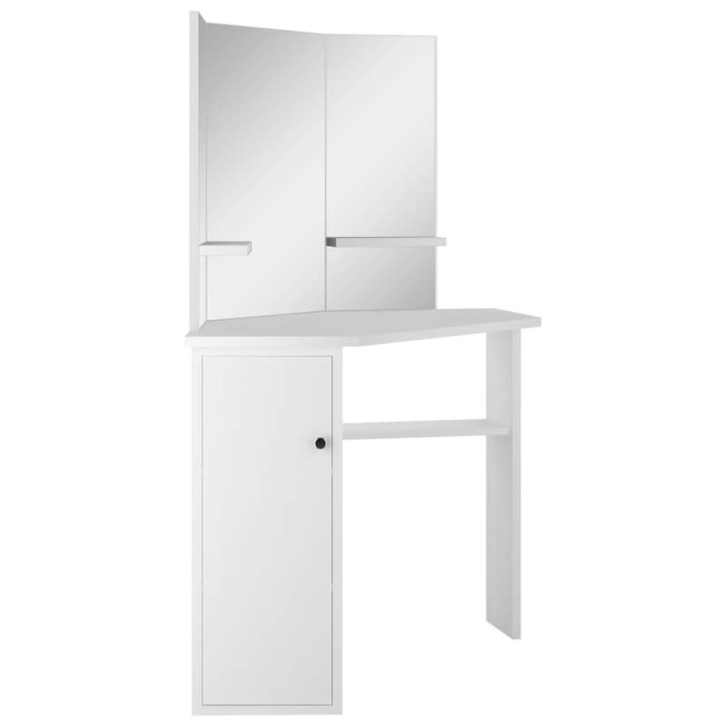White Modern Corner Makeup Vanity Table with Oak Veneer - Space-Saving Curved Design, Easy Assembly, 3.2 Cu Ft, Low-Profile Height (<68.58cm) Freestanding Dressing Table for Small Bedrooms & Dressing Rooms (Engineered Wood)