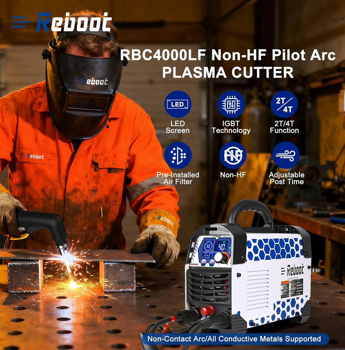 REBOOT 40A lage frequentie niet-contact plasma-snijapparaat 230V IGBT | Max. snijdikte 25mm, 2T/4T brander voor roestvrij staal, aluminium, koper | model RBC4000LF