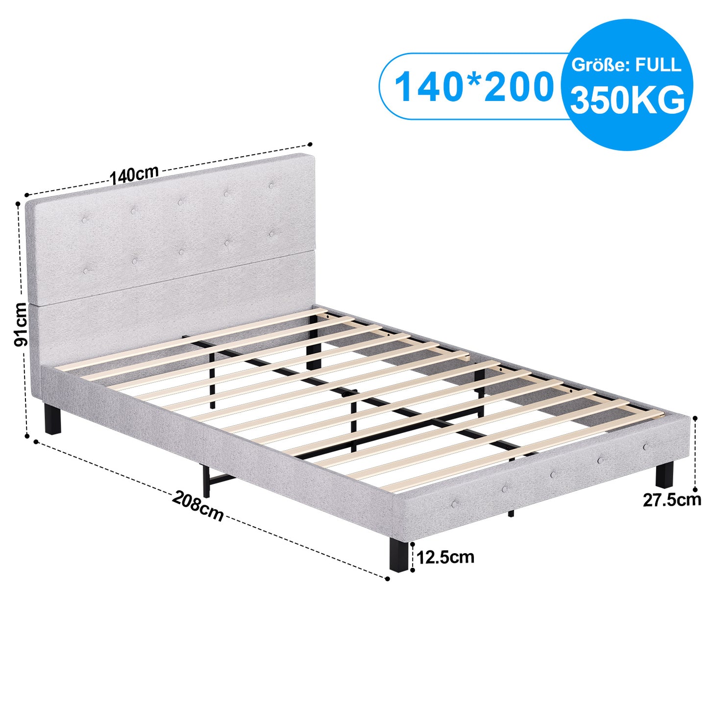 Bedframe – Bedombouw – Boxspring – Ledikant – Slaapbank – 140 x 200 cm – Stoffen Hoofdbord – Stevige Houten Lattenbodem – Lichtgrijs