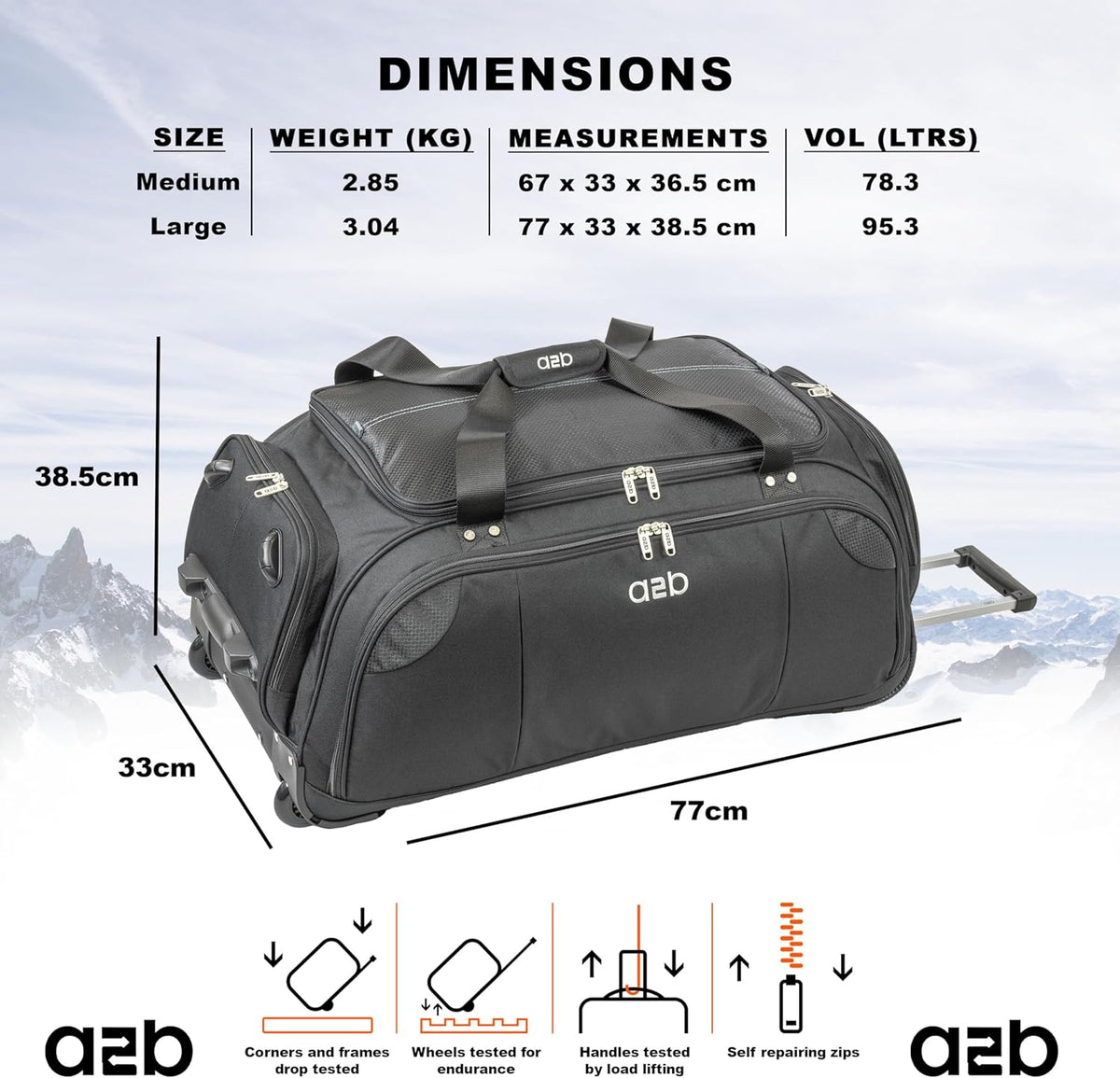 A2B Quest Lichtgewicht tas op wielen - Travel Duffle Bag met duurzame stress geteste wielen | Verstelbare riem, mesh zakken AB006, Zwart/Blauwgroen, L