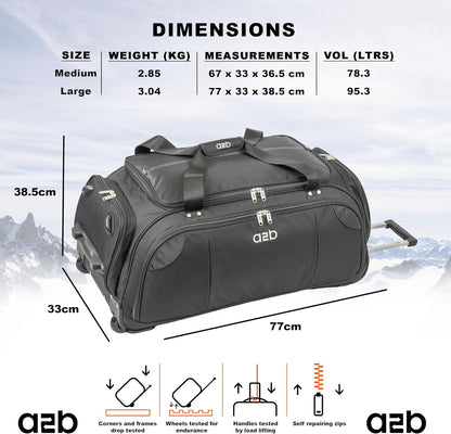 A2B Quest Lichtgewicht tas op wielen - Travel Duffle Bag met duurzame stress geteste wielen | Verstelbare riem, mesh zakken AB006, Zwart/Blauwgroen, L