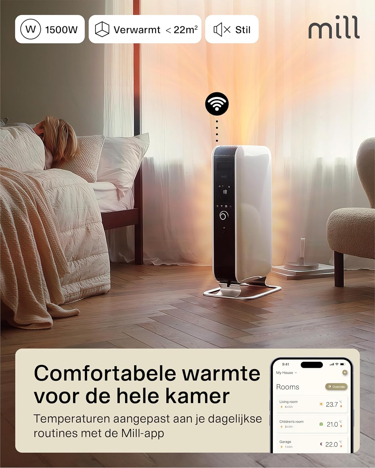 Mill olieradiator 1500W - stille, veilige en energiezuinige elektrische radiator wifi, tot 22 m² - elektrische kachel met app, oil radiator, electric heater, ontworpen in Noorwegen