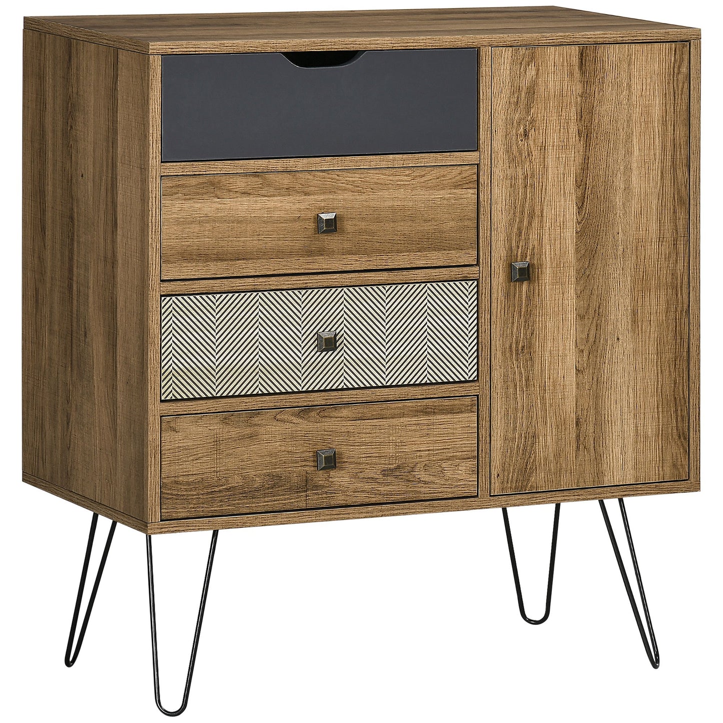 Opbergkast – Ladeblok – Dressoir – Kastje – Buffetkast – Boho Stijl – 4 Lades + 1 Kast – Zwarte Metalen Hairpin Poten – Afmetingen 79x39x86 cm – Bruin Melaminehout