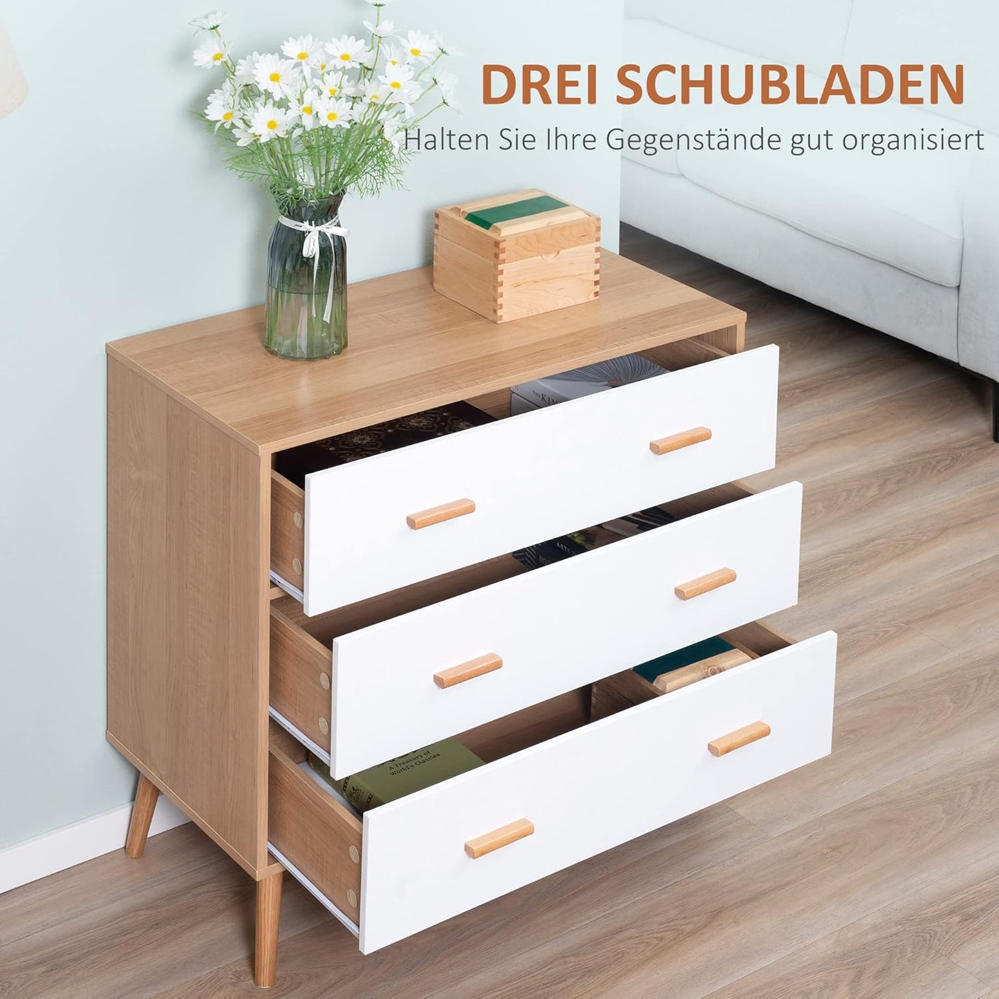 HOMCOM Chest of Drawers with 3 Drawers, Sideboard, Chest of Drawers, Cupboard, Multifunctional Cabinet, Living Room, Dining Room, Scandinavian Design, White and Natural, 80 x 39 x 80 cm - QUORE