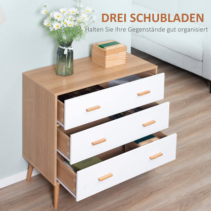 HOMCOM Chest of Drawers with 3 Drawers, Sideboard, Chest of Drawers, Cupboard, Multifunctional Cabinet, Living Room, Dining Room, Scandinavian Design, White and Natural, 80 x 39 x 80 cm - QUORE