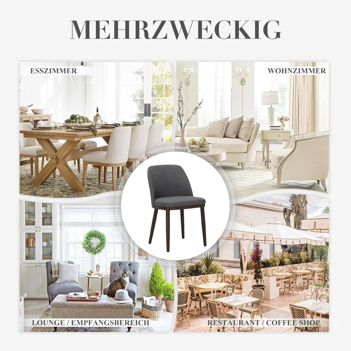 COLAMY Set van 4 gestoffeerde eetkamerstoelen, moderne keukenstoelen met rugleuning, stoffen stoel met houten poten voor eetkamer, keuken, restaurant, lichtgrijs