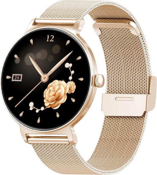 Elegante smartwatch voor dames, IP68 waterdicht, smartwatch voor iOS Android, goud