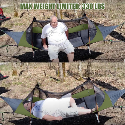Night Cat Lay Flat Hammock: Flat Bottom with Mosquito Net Waterproof Rain Fly for 1 Person Camping in Garden Backyard Wild (Camouflage)
