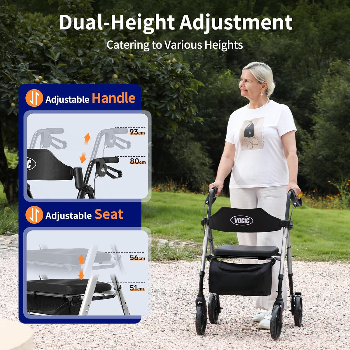 VOCIC Rollator, opvouwbaar en licht, met zitje, Rollators Smal voor woning, Rollatoren voor senioren Opvouwbaar met 20 cm banden voor alle terreinen, zitje en handvat in hoogte verstelbaar, zilveren