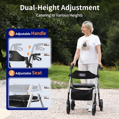 VOCIC Rollator, opvouwbaar en licht, met zitje, Rollators Smal voor woning, Rollatoren voor senioren Opvouwbaar met 20 cm banden voor alle terreinen, zitje en handvat in hoogte verstelbaar, zilveren