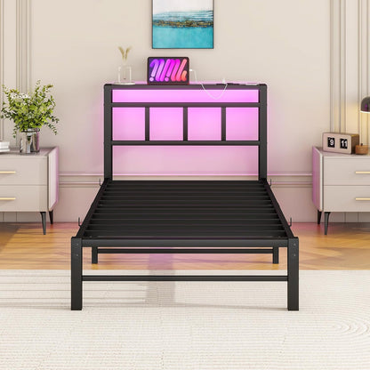 Bed 90 x 200 cm met lattenbodem van metaal, bedframe, 90 x 200 cm, met ledverlichting, metalen bed met stopcontact en 2 USB-oplaadfuncties, metalen bed met houten hoofdeinde, opbergruimte, bedframe