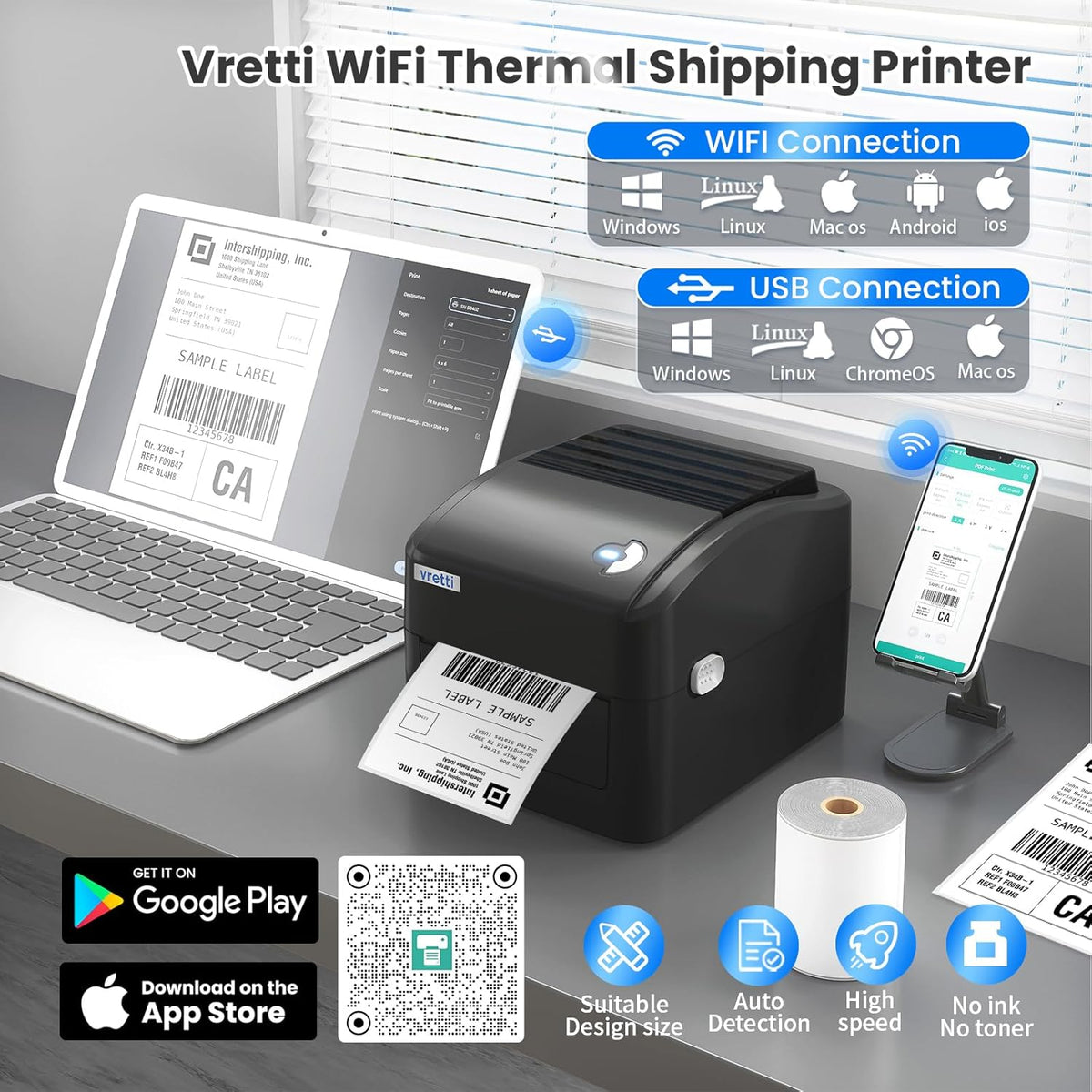 vretti Professionele thermische labelprinter met wifi en USB, zonder cartridge, 70% besparend, 3x levensduur, 99,99% succesvol scannen, compatibel met Amazon, DHL, eBay, Shopify