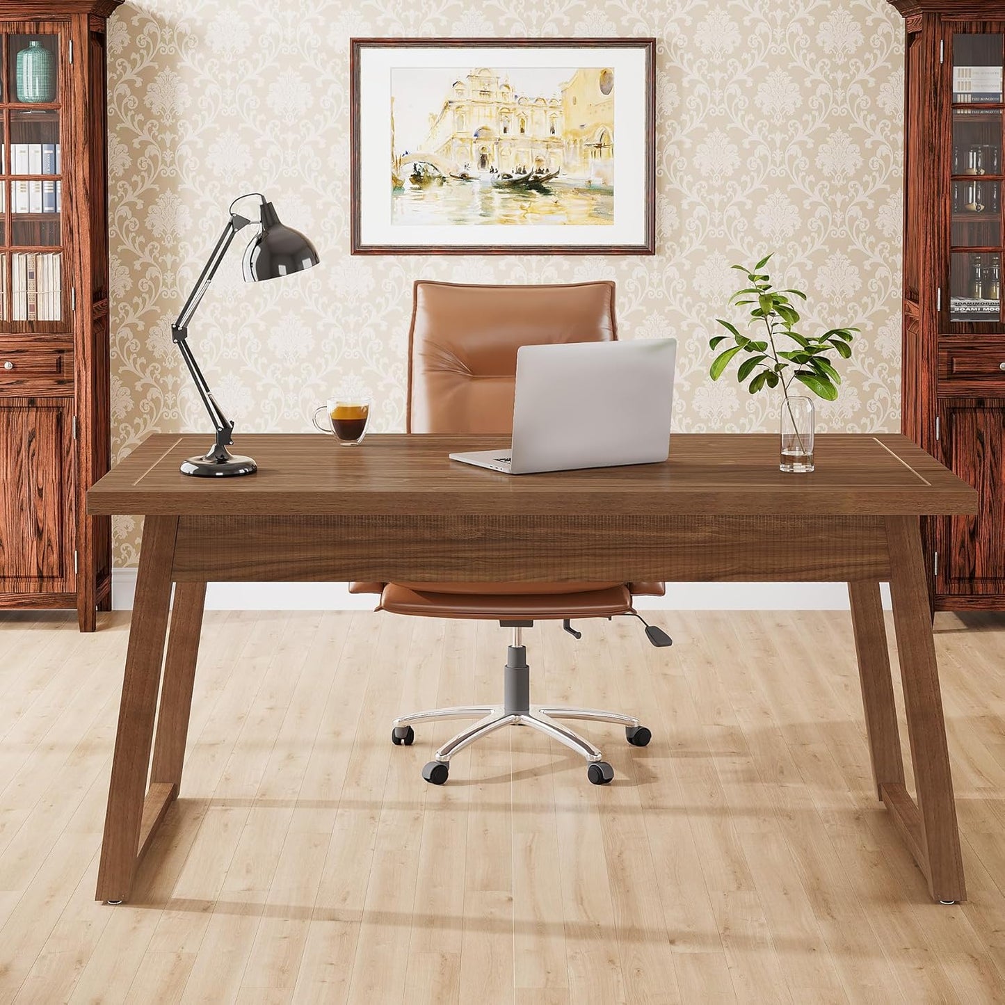 Tribesigns Home Office Executive Desk: 140cm Solid Wood Computer Desk with Drawer, Modern Study Writing Table, Rustic PC Laptop Desk, Workstation Furniture, Walnut Brown