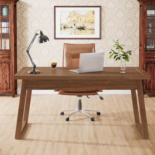 Tribesigns Home Office Executive Desk: 140cm Solid Wood Computer Desk with Drawer, Modern Study Writing Table, Rustic PC Laptop Desk, Workstation Furniture, Walnut Brown