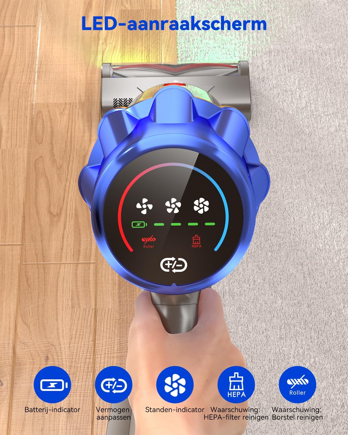 H9 Draadloze Stofzuiger 58KPa/650W/80Min, Krachtige, LED Touchscreen, Zelfstandig Staand, Verbeterde Anti-Tangle Borstel voor Huisdierenharen/Tapijten/Harde Vloeren, Blauw