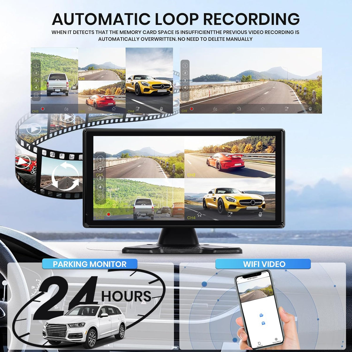 Hodozzy 4k Rear View Camera Set With 4 Ahd Rear Camera Cable, Wireless Carplay Android Auto, 10.36 Inch Touch Screen 4 Split Monitor, Bluetooth, Airplay FM Loop Recording USB/TF, Carplay Screen - QUORE
