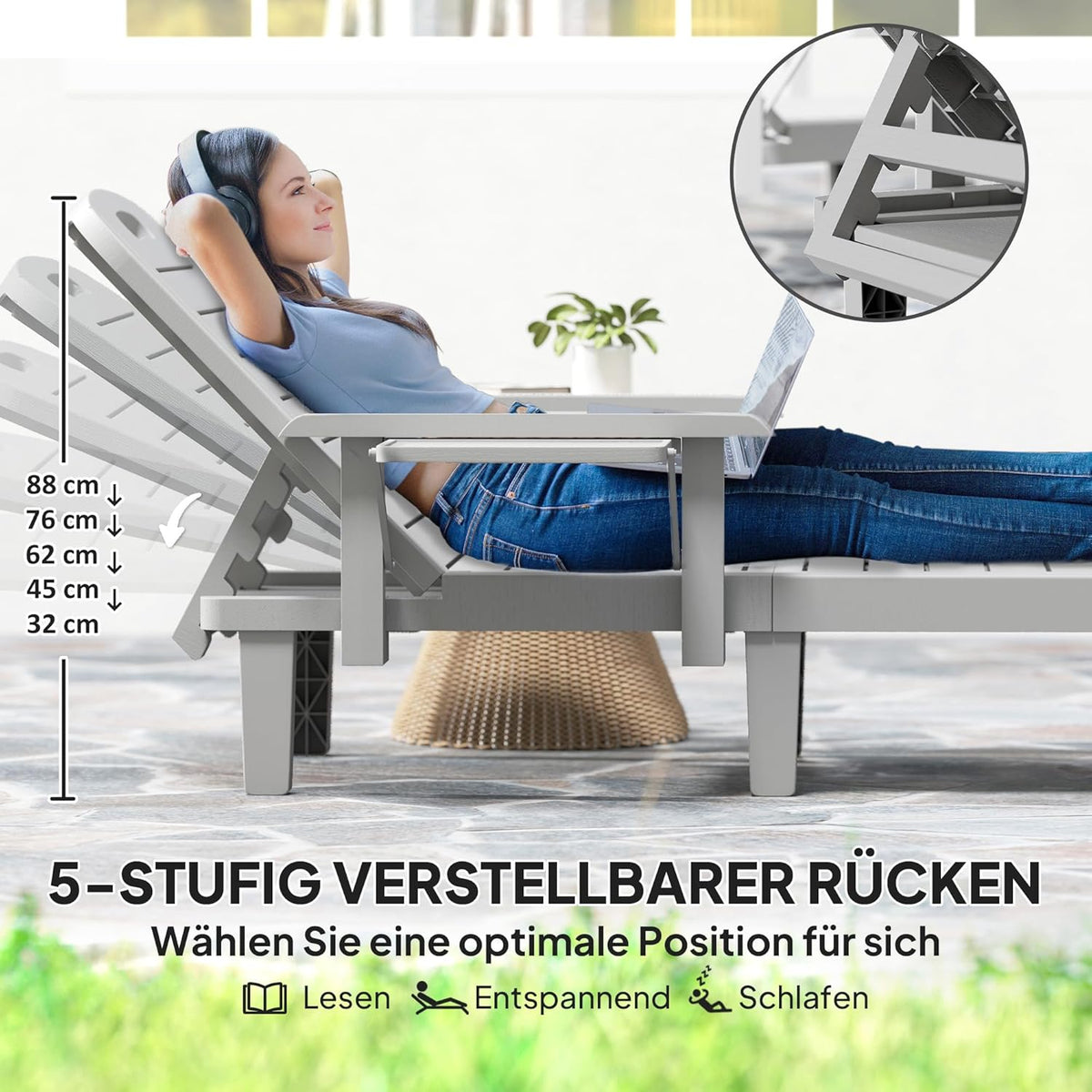 Outsunny Sonnenliege Gartenliege mit Seitentisch Holzoptik Liegestuhl mit 5-Fach verstellbare Rückenlehne, wetterfeste Campingliege, Gartenstuhl bis 120 kg load, für Garten Outdoor Strand, Hellgrau