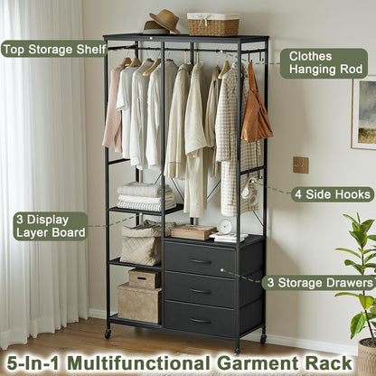 Kledingrek – Open Garderobe – Kledingwagen – Kledingrail – Kledingkast – Zwart Stalen Frame – 3 Laden & Verstelbare Plank