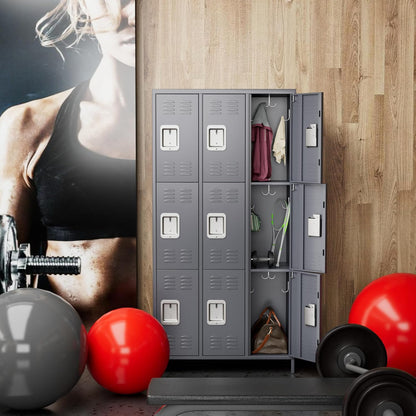 9-Compartment Metal Locker, Metal Wardrobe with Ventilation Slots for Workers, Sports Hall, School, Office (Dark Grey) - QUORE