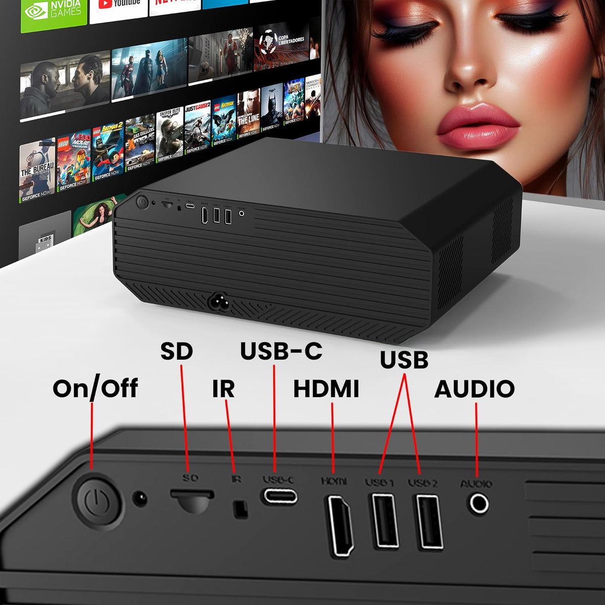 Unicview K5000 beamer, 1800 ANSI lumen, thuisbioscoop en presentatie, Android, gemotoriseerde focus, keystone 4D, digitale zoom, HDMI, USB-A, USB-C