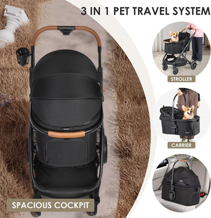 T6 Luxe Huisdierwagen voor middelgrote honden onder 29.9kg of 2 kleine honden & katten, opvouwbaar en afneembaar (Zwart)