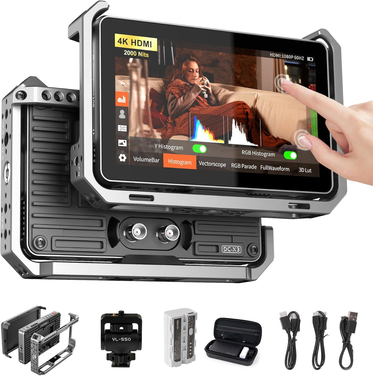 VILTROX DC-X3 2000 Nits SDI Camera Field Monitor Kit met Rig Cage, 4K HDMI 6 Inch Touchscreen DSLR Camera Video Monitor met Zonbescherming / Batterij, 3D Lut 1920x1080 HD Full Waveform Focus Peaking
