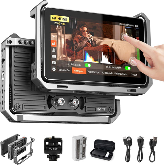 VILTROX DC-X3 2000 Nits SDI Camera Field Monitor Kit met Rig Cage, 4K HDMI 6 Inch Touchscreen DSLR Camera Video Monitor met Zonbescherming / Batterij, 3D Lut 1920x1080 HD Full Waveform Focus Peaking