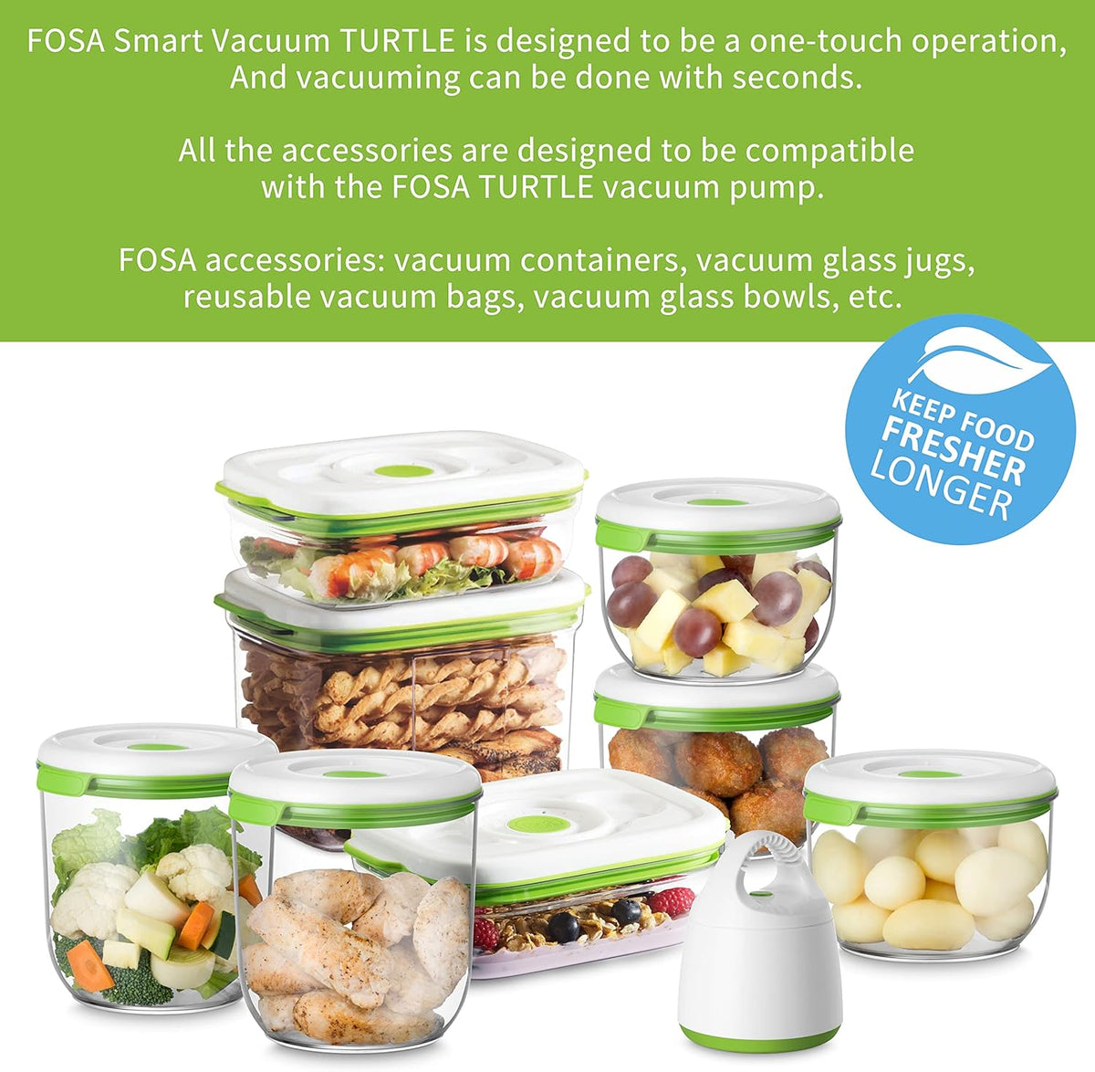 FOSA Starterkit, gepatenteerd vacuümsysteem, compact vacuümapparaat en premium container (1 schildpad + 8 ronde en rechthoekige houders)