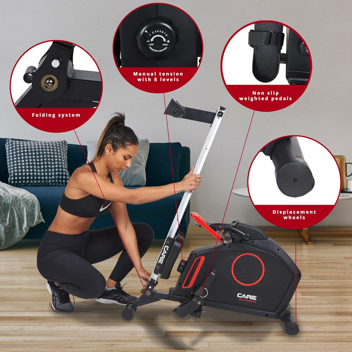 Care Fitness - Rowing machine - Mag Clipper - foldable - 8 resistance levels - magnetic resistance - flying mass 8 kg - LCD display (black without tablet holder) - QUORE