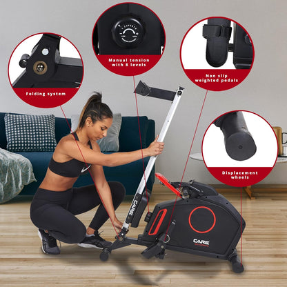 Care Fitness - Rowing machine - Mag Clipper - foldable - 8 resistance levels - magnetic resistance - flying mass 8 kg - LCD display (black without tablet holder) - QUORE
