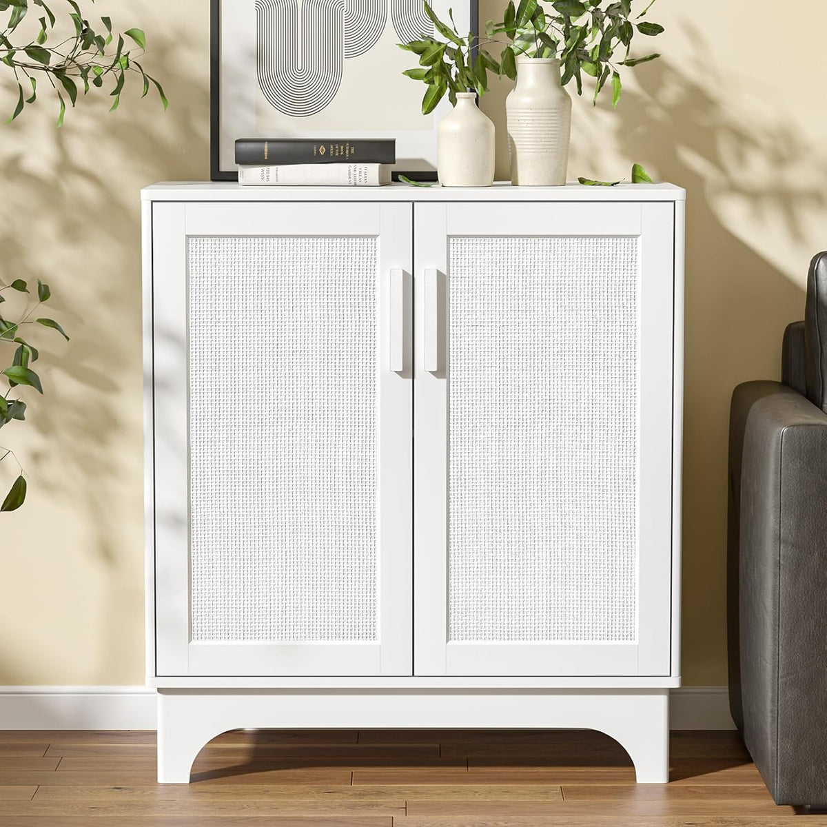 Rotan sideboard, keukenkast met verstelbare planken, landelijke stijl, buffetkast, hout, opbergkast, kantelbeveiliging, kast voor keuken, woonkamer, eetkamer, hal, 80 x 40 x 89 cm