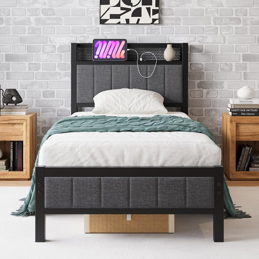 Bedframe met laadstation, eenpersoonsbed, metalen bed, gestoffeerd bed, 90 x 200 cm, bedframe van metaal, jeugdbed met lattenbodem, hoofdeinde in grijs, voor slaapkamer en logeerkamer